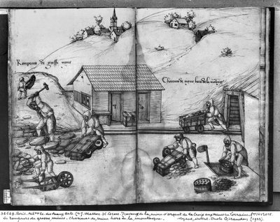 Silver Mine of La Croix-aux-Mines, Lorraine, fol.14v and fol.15r, Breaking and Carrying the Ore, c.1530 by Heinrich Gross or Groff